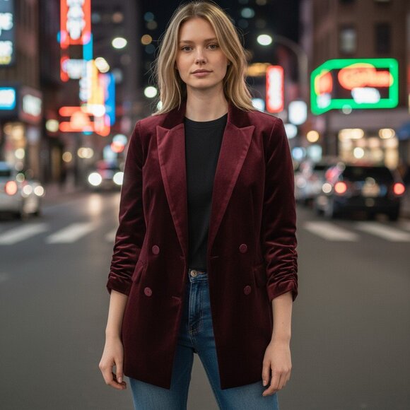 Velvet Blazer Mini Dress | NWT Double Breasted Long Sleeve Burgundy. Size: 2 - Picture 6 of 6
